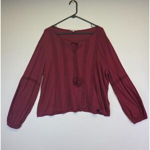 Lucky Brand Top Womens L Maroon‎ Tassel Lace Trim Peasant Boho Western Festival